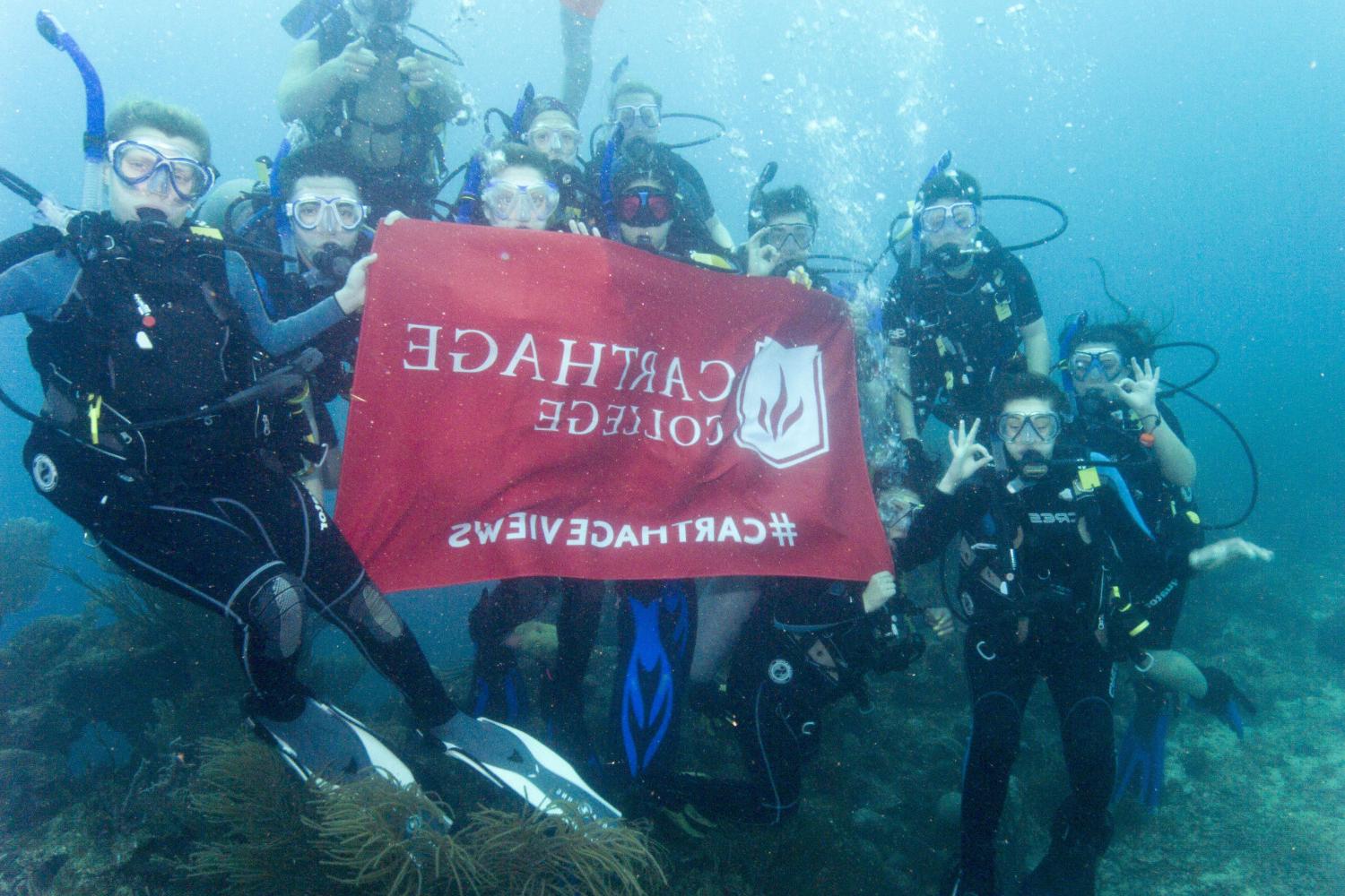 学生们手持<a href='http://swvw.ngskmc-eis.net'>bv伟德ios下载</a>旗帜，在j学期洪都拉斯游学之旅中潜水.